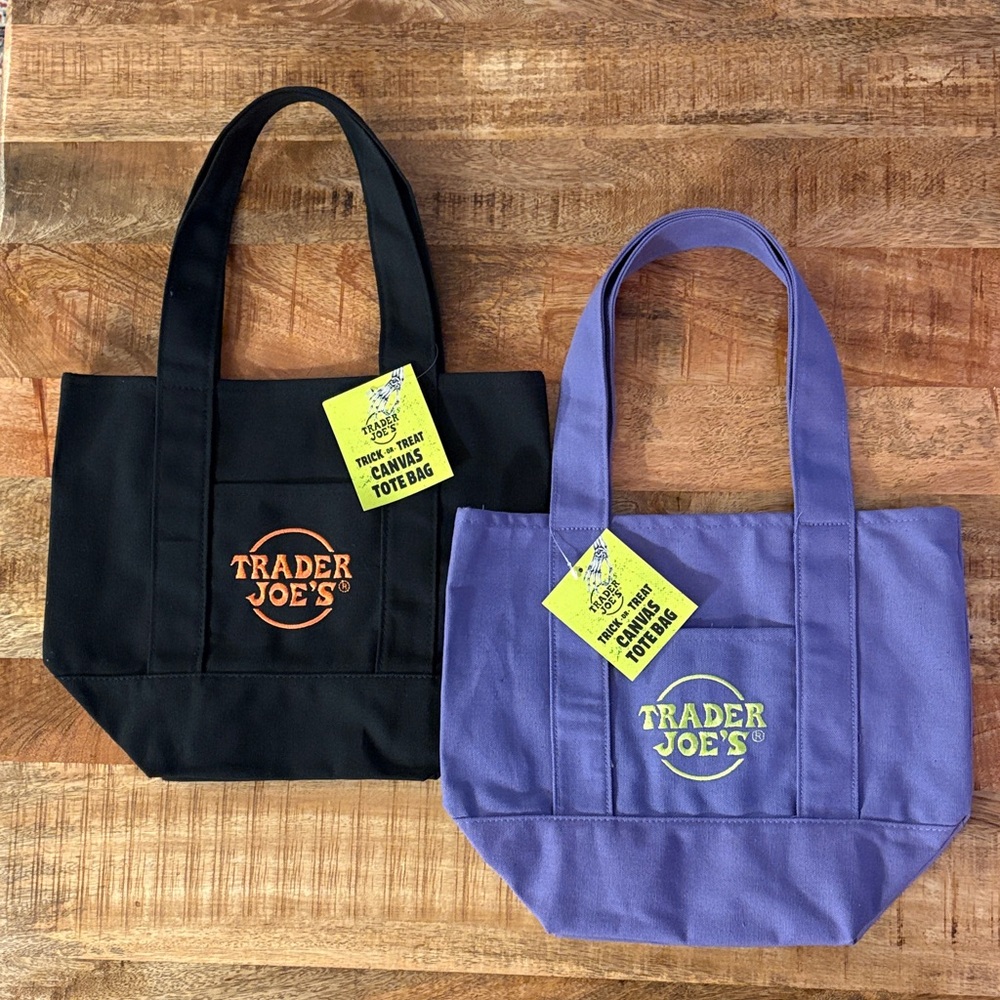 Trader Joe's Black and Purple Halloween Canvas Tote Bags set of 2 trick or treat